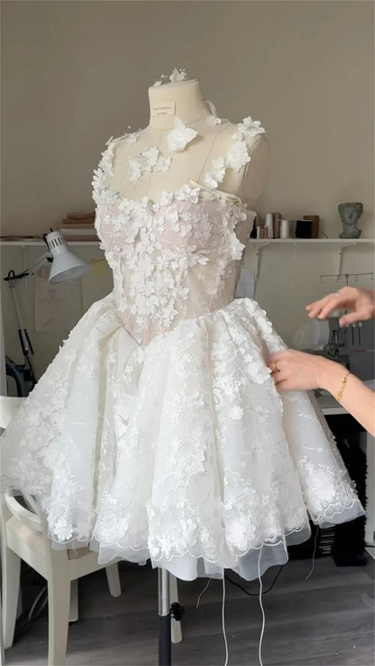 Mini Tulle Wedding Dresses Spaghetti Strap Customized Sleeveless Princess Flowers