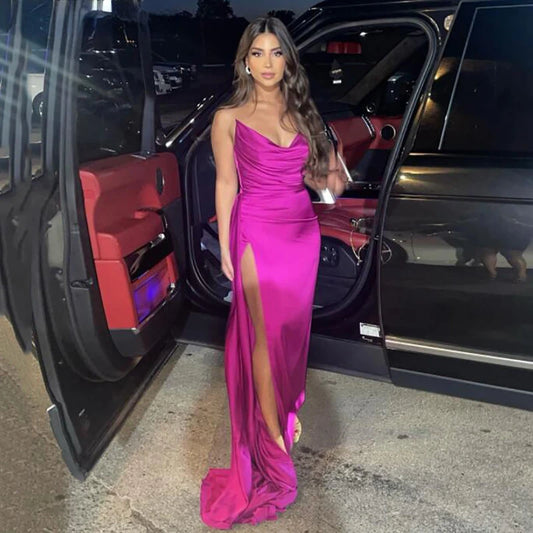 Hot Pink Mermaid Formal Evening Dress Sexy Side Split Strapless Prom Dresses 2022 Pleats Lacing Back Party Dress robes