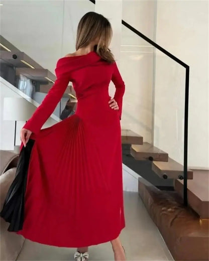 Customized Long Sleeves Prom Dresses One Shoulder Pleated Ankle Length Formal Occasion Dress Temperament Evening Dresses