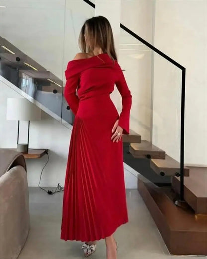 Customized Long Sleeves Prom Dresses One Shoulder Pleated Ankle Length Formal Occasion Dress Temperament Evening Dresses