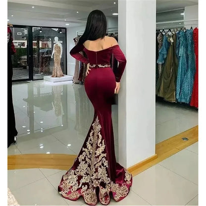Red Wine Moroccan Kaftan Long Evening Dress Sexy Mermaid Dubai Formal Gowns Charming Gold Appliques Celebrity Dresses Plus Size