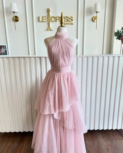 Customized Multi-Layered A-line Mesh Fabric robes de soirée Halter Neck Sleeveless Party Dresses Ankle-Length Prom Dress