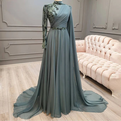 Chiffon Appliques Full Sleeve Muslim Prom Evening Dresses with Cape Arabic Dubai Hijab Formal Party Gowns