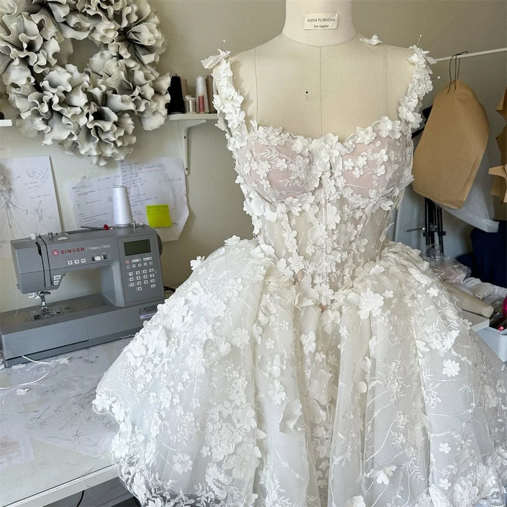 Mini Tulle Wedding Dresses Spaghetti Strap Customized Sleeveless Princess Flowers