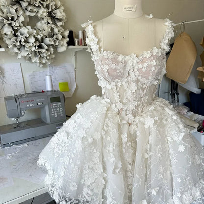 Mini Tulle Wedding Dresses Spaghetti Strap Customized Sleeveless Princess Flowers