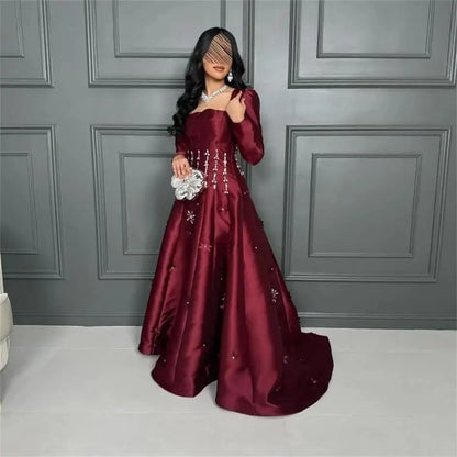 Customized Long Sleeves Prom Dresses Square Neck Crysatls Flowers Floor Length Temperament Evening Dresses Party Dresses