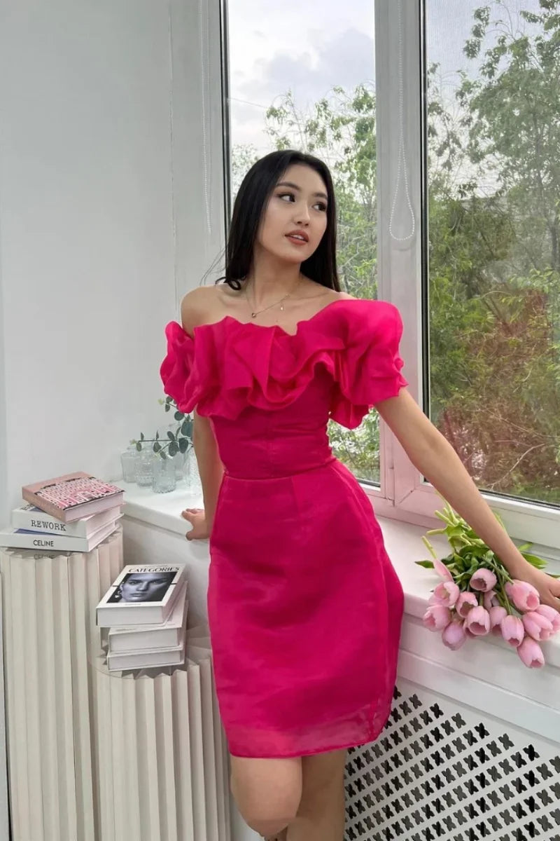 Hot Pink Evening Dress 2025 Hand-curled Flowers Prom Dresses A-Shape Off-shoulder Organza Formal Evening Dress