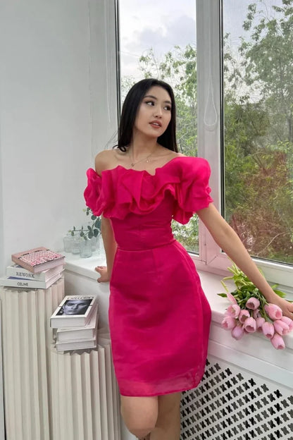 Hot Pink Evening Dress 2025 Hand-curled Flowers Prom Dresses A-Shape Off-shoulder Organza Formal Evening Dress
