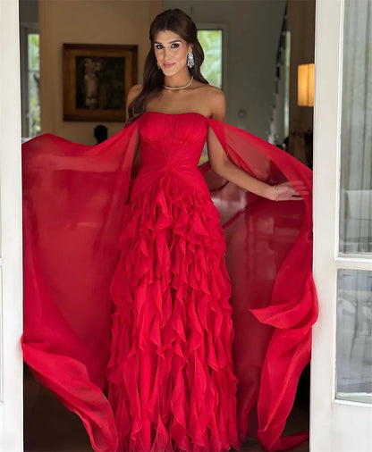 Red Off Shoulder Tiered Ruffles Prom Dress Detachable Shawl A-line Floor-length Formal Evening