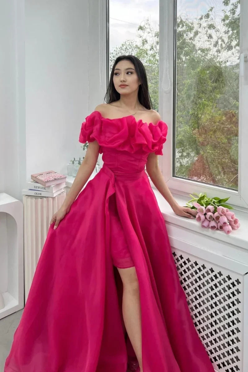 Hot Pink Evening Dress 2025 Hand-curled Flowers Prom Dresses A-Shape Off-shoulder Organza Formal Evening Dress