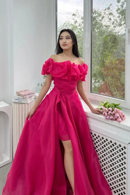 Hot Pink Evening Dress 2025 Hand-curled Flowers Prom Dresses A-Shape Off-shoulder Organza Formal Evening Dress