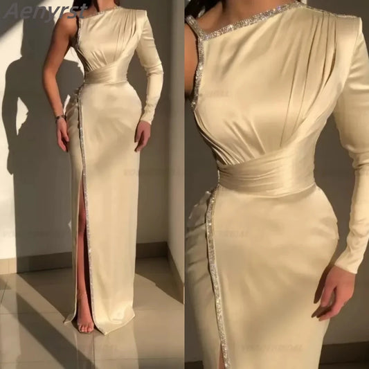 Elegant Champagne Evening Gowns One Shoulder Long Sleeves Prom Dresses Beaded customized Wedding Party Dress