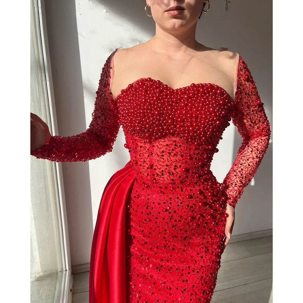 Pearls Mermaid Evening Dresses Long for Women O Neck Long Sleeves Formal Evening Dress