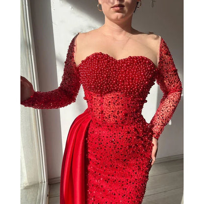 Pearls Mermaid Evening Dresses Long for Women O Neck Long Sleeves Formal Evening Dress