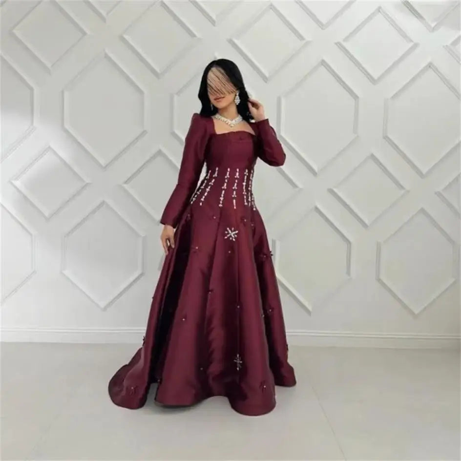 Customized Long Sleeves Prom Dresses Square Neck Crysatls Flowers Floor Length Temperament Evening Dresses Party Dresses