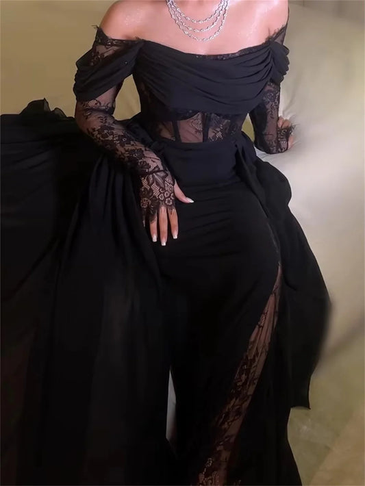 Off Shoulder Lace Long Sleeves Black Formal Evening Dress