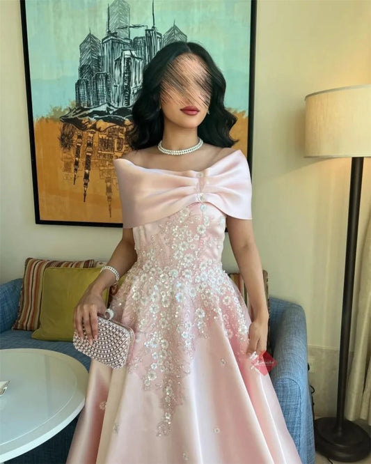 Pink Off Shoulder Sequinned Appliques Prom Dresses A-Line Lace-Up  Sleeveless Evening Dress