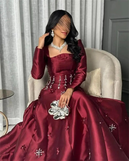 Customized Long Sleeves Prom Dresses Square Neck Crysatls Flowers Floor Length Temperament Evening Dresses Party Dresses