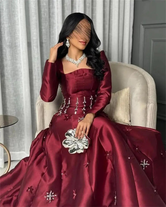 Customized Long Sleeves Prom Dresses Square Neck Crysatls Flowers Floor Length Temperament Evening Dresses Party Dresses