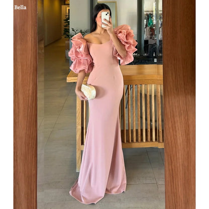 Bella Customized Pink Puff Sleeve Strapless Mermaid robes de soirée Chiffon Side Slit Party Dresses Floor-Length Prom Dress 2025