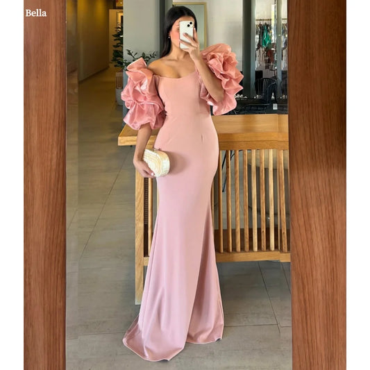 Bella Customized Pink Puff Sleeve Strapless Mermaid robes de soirée Chiffon Side Slit Party Dresses Floor-Length Prom Dress 2025