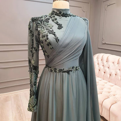 Chiffon Appliques Full Sleeve Muslim Prom Evening Dresses with Cape Arabic Dubai Hijab Formal Party Gowns