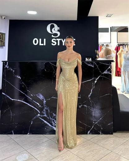 Off Shoulder Glitter Prom Dress Pleated Side High Split Floor-length Formal Evening 2025