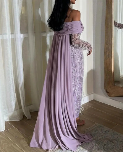 Elegant Purple Off Shoulder Prom Dresses Glitter Mermaid Pleats Evening Dress Chiffon Draped Customized vestidos de fiesta