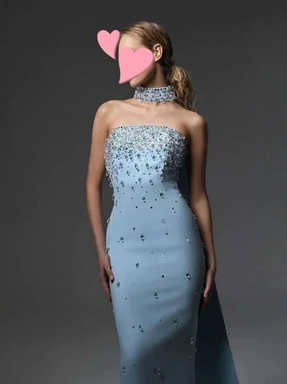 Halter Strapless Rhinestones Prom Dress Mermaid Floor-length Formal Evening Dress