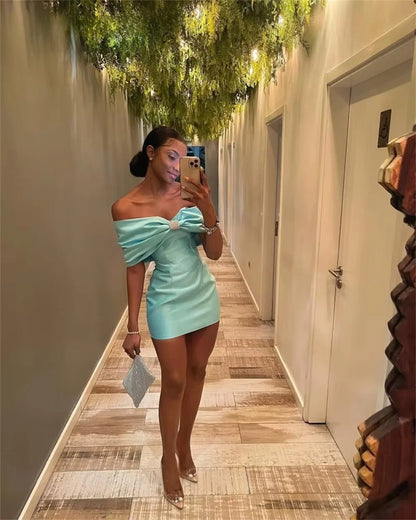 Mini Cyan Bow Off Shoulder Prom Dress Sexy Short Sheath For After Party And Cocktail