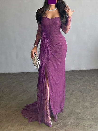 Women's Ruffled Lace Evening Dress Solid Color Square Neck Long Sleeve Skinny Maxi Dress Wrap Hip Party Gowns