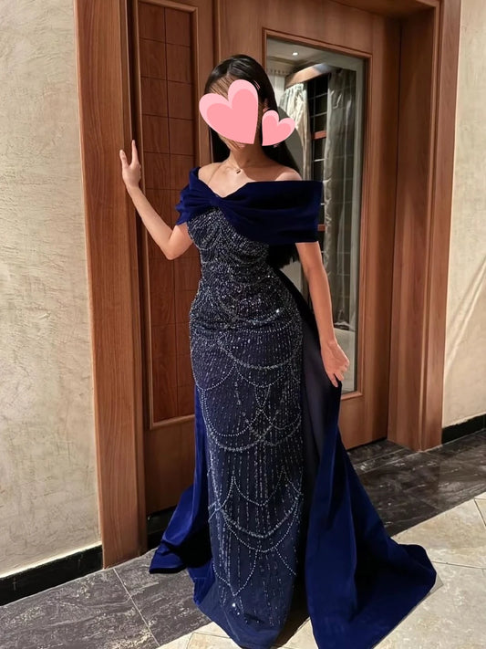 Oisslec Dress Elegant Vintage Sweet Navy Blue Lace Beads Velvet Bow Customized Formal Occasion Prom Dress Evening Party Gowns