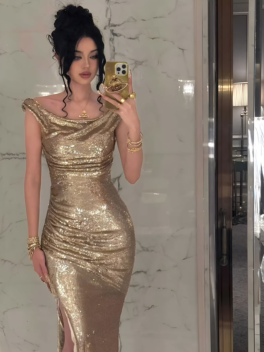 Sequin Off Shoulder Prom Dresses Bodycon Sparkly High Slit