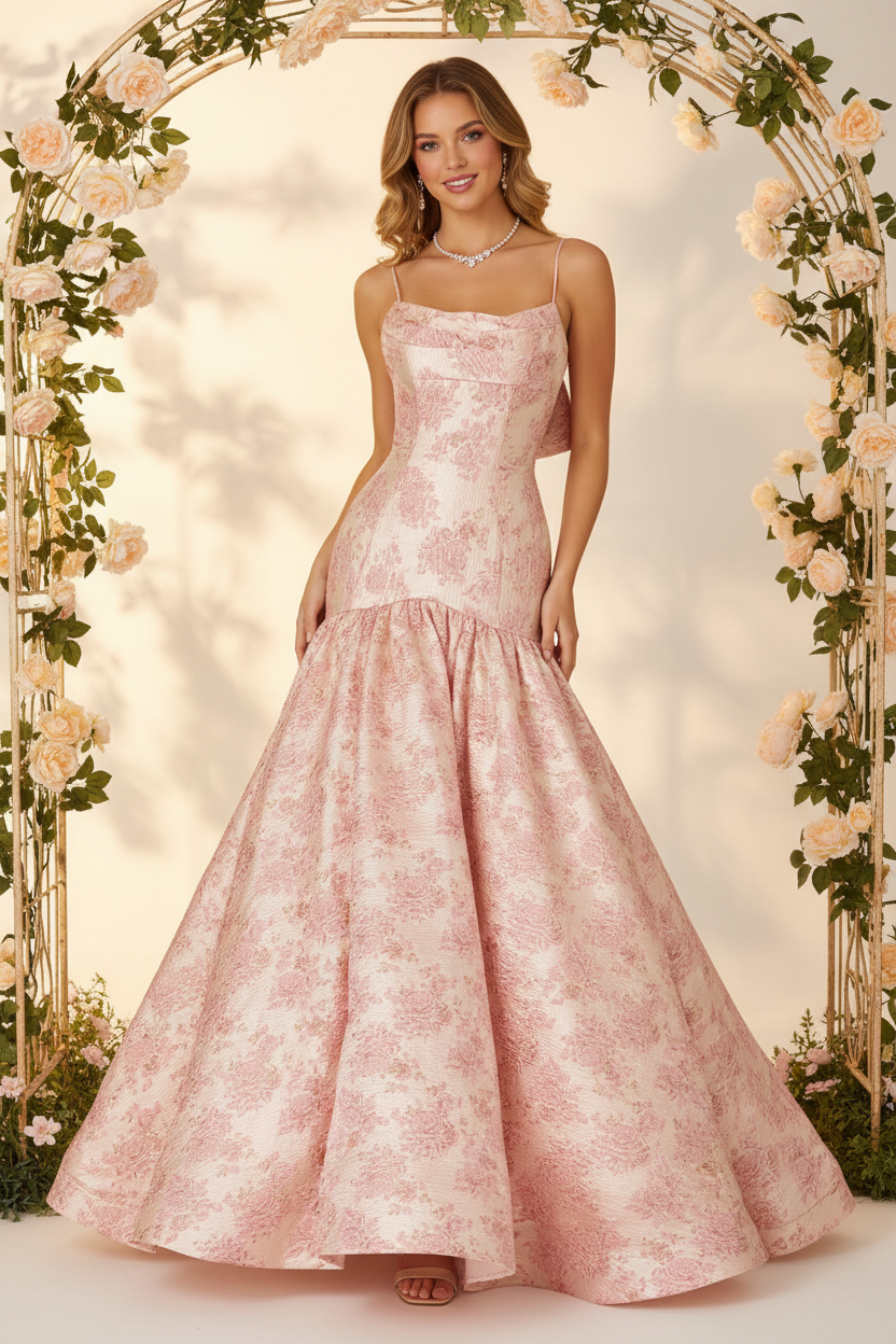 Mermaid/Trumpet Drop Waist Bow Long Prom Dresses with Jacquard