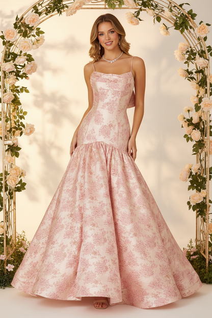 Mermaid/Trumpet Drop Waist Bow Long Prom Dresses with Jacquard