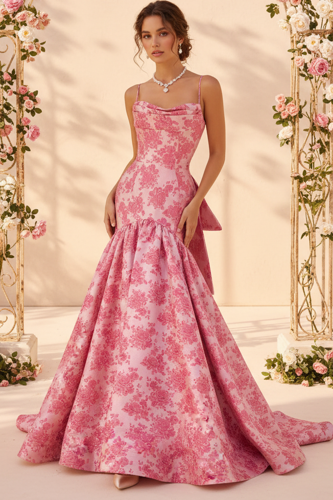 Mermaid/Trumpet Drop Waist Bow Long Prom Dresses with Jacquard