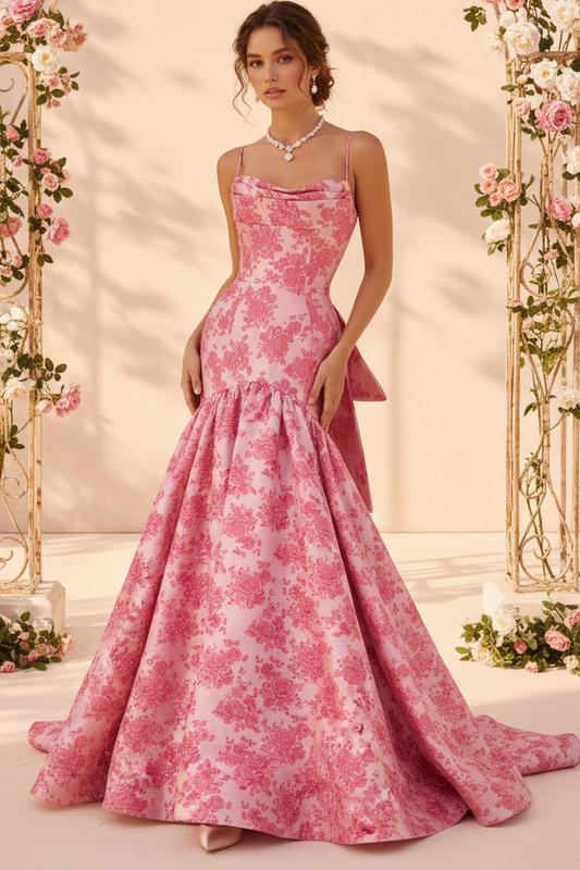 Mermaid/Trumpet Drop Waist Bow Long Prom Dresses with Jacquard