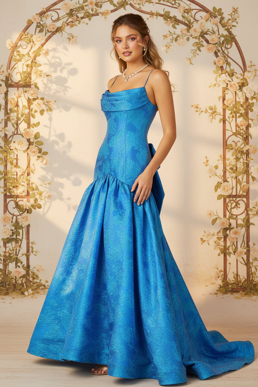 Mermaid/Trumpet Drop Waist Bow Long Prom Dresses with Jacquard