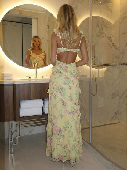 Mermaid Ruffle Strap V-Neck Floor-Length Prom Dresses with Floral Chiffon