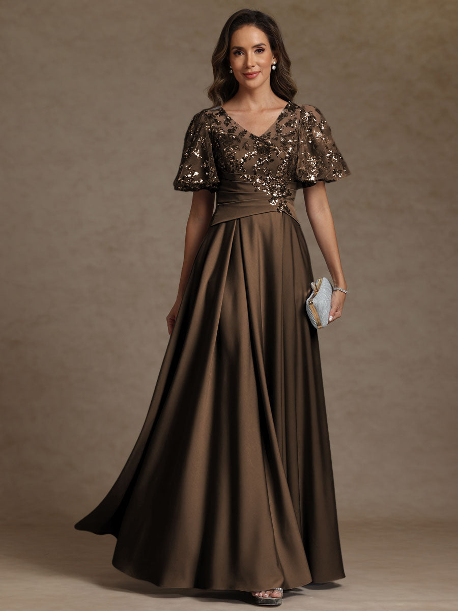 A-Line/Princess V-Neck Illusion Pleated Satin Floor-Length Mother of the Bride Dress