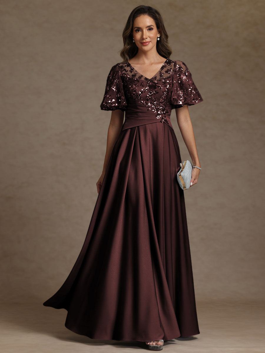 A-Line/Princess V-Neck Illusion Pleated Satin Floor-Length Mother of the Bride Dress
