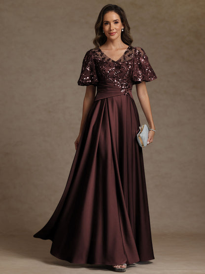 A-Line/Princess V-Neck Illusion Pleated Satin Floor-Length Mother of the Bride Dress