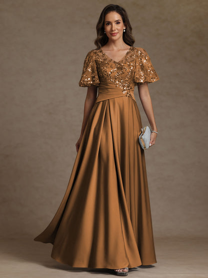 A-Line/Princess V-Neck Illusion Pleated Satin Floor-Length Mother of the Bride Dress
