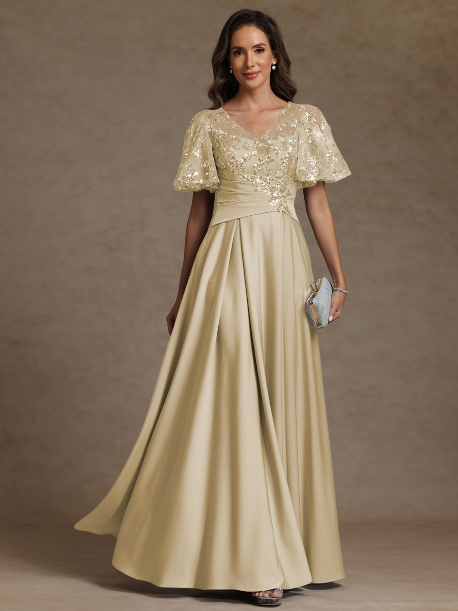 A-Line/Princess V-Neck Illusion Pleated Satin Floor-Length Mother of the Bride Dress