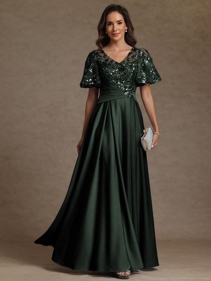 A-Line/Princess V-Neck Illusion Pleated Satin Floor-Length Mother of the Bride Dress