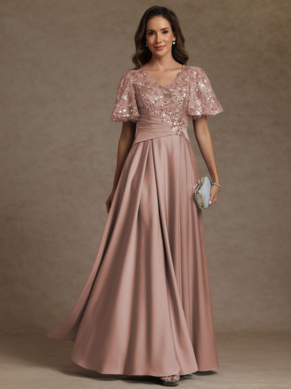 A-Line/Princess V-Neck Illusion Pleated Satin Floor-Length Mother of the Bride Dress