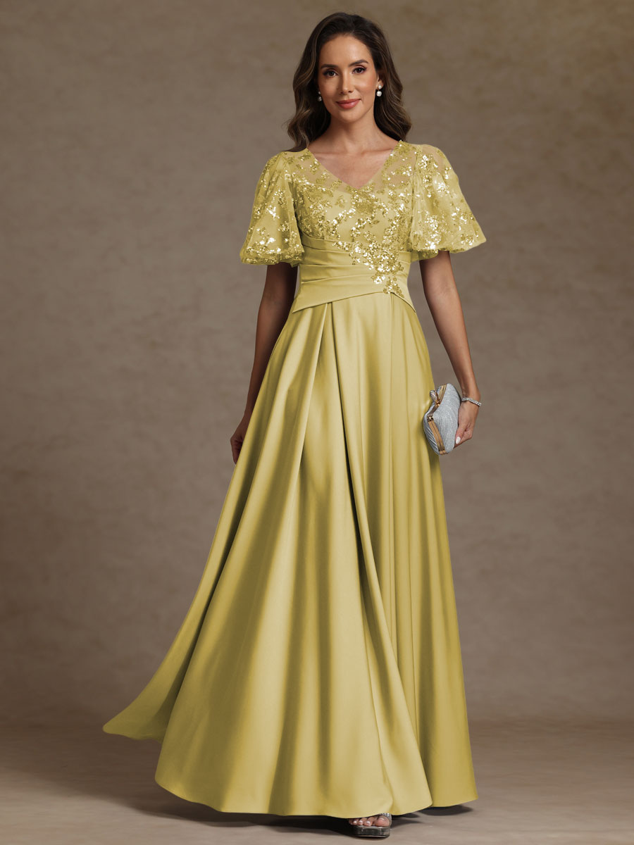 A-Line/Princess V-Neck Illusion Pleated Satin Floor-Length Mother of the Bride Dress