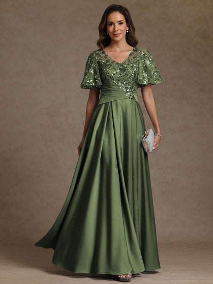 A-Line/Princess V-Neck Illusion Pleated Satin Floor-Length Mother of the Bride Dress