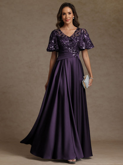 A-Line/Princess V-Neck Illusion Pleated Satin Floor-Length Mother of the Bride Dress