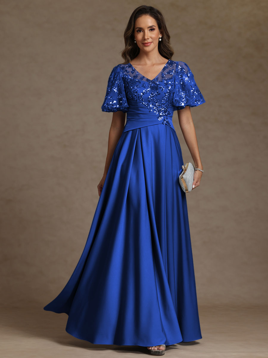 A-Line/Princess V-Neck Illusion Pleated Satin Floor-Length Mother of the Bride Dress